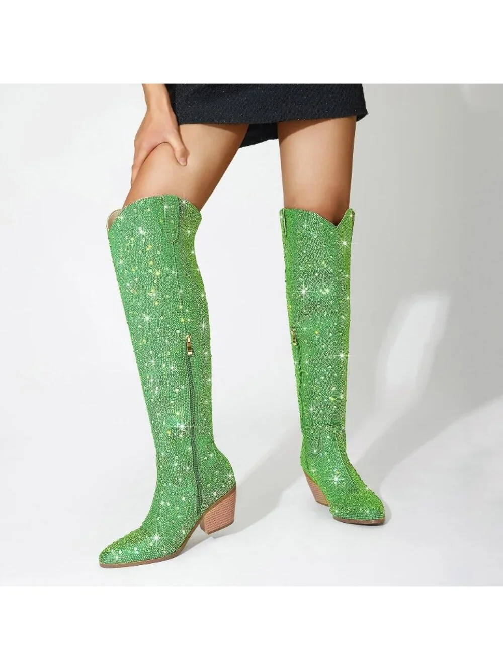 Women's Green Rhinestone Sparkly Bling Side Zippers Over the Knee High Boots